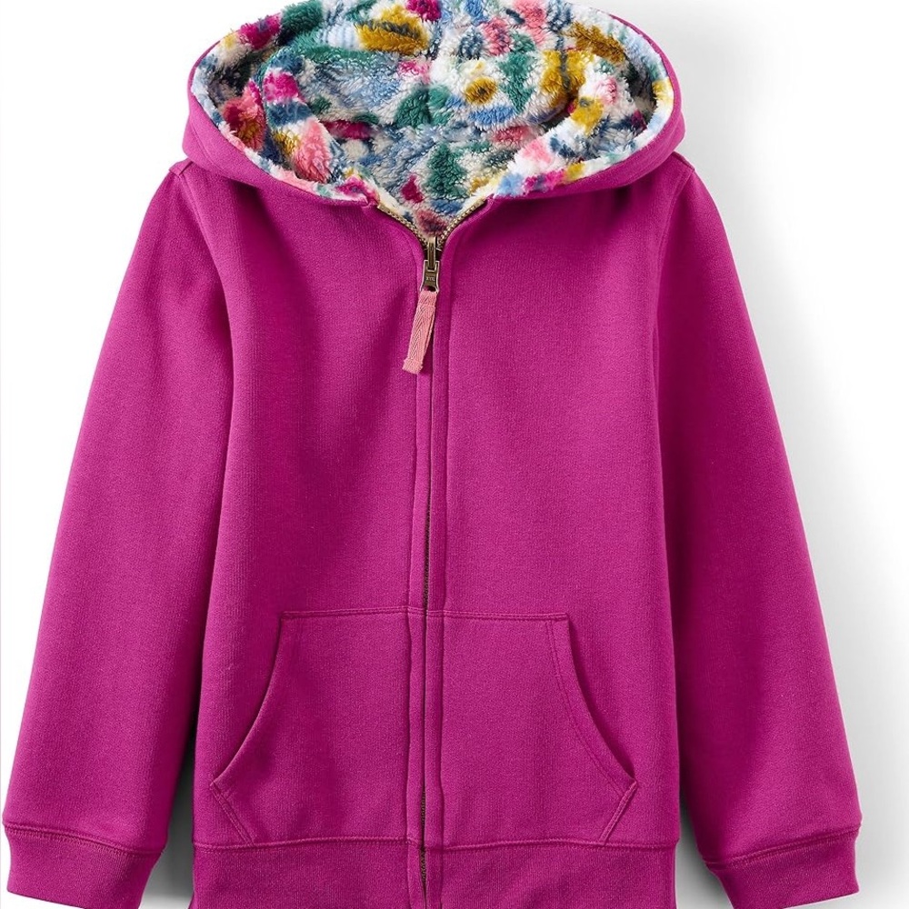 Lands' End Pattern Sherpa Lined Hoodie Magenta Berry Woodland Floral